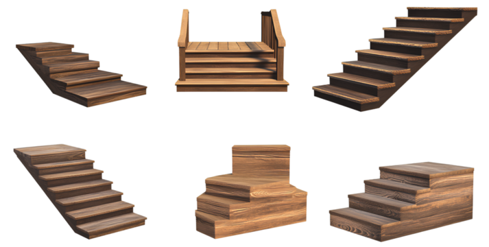   Set of wooden stairs in various angles and positions, with a transparent background - Powered by Adobe