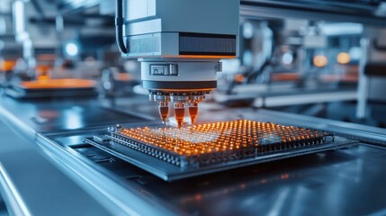 The robotics and automation technology in the modern industrial manufacturing process is shown in detailed view with various electronic components circuits microchips