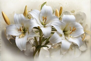 Elegant White Lilies with Gold Accents in Delicate Digital Art Composition