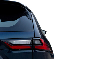 Rear side luxury of dark blue cr close on tail light. Revealing a sleek and classy shape with spoilers. Free space of background isolated of blue screen.