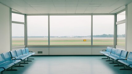 Empty Waiting Area with Blue Chairs and Large Open Window View