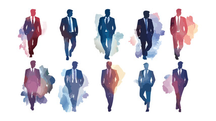 Watercolor Silhouettes of Businessmen Walking in Formal Suits with Colorful Abstract Backgrounds Representing Professionalism and Innovation