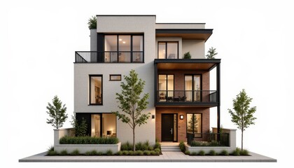 Fototapeta premium A modern, multi-story building featuring large windows, balconies and greenery, showcasing contemporary architectural design.