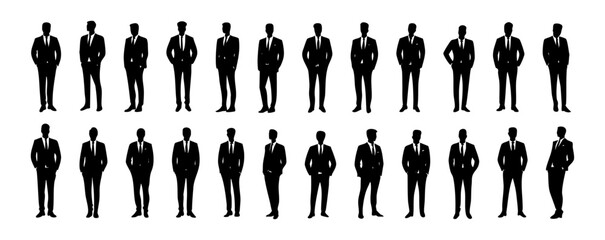 Group of Silhouetted Men in Formal Suits Standing in Unity Against a White Background