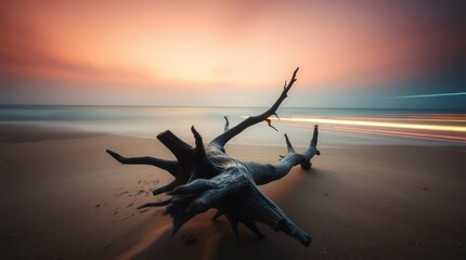 Driftwood on Sandy Beach at Sunset with Long Exposure Effect