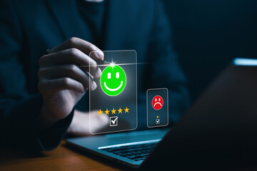 Businesspeople rate their satisfaction and praise the products and excellent service, customer care of employees. to express opinions and give 5 star ratings through the mobile app	