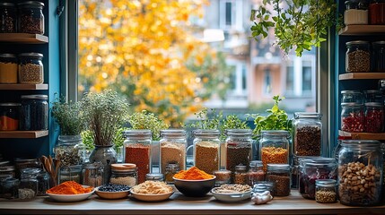 A vibrant kitchen scene with a variety of spices and herbs displayed in bowls and jars, showcasing the rich flavors and aromas of global cuisine