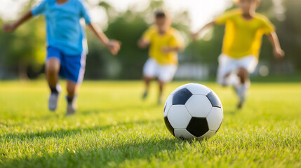 Children playing soccer on a grassy field.