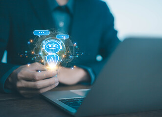 	
AI chatbots with virtual assistant tools and icons representing business, technology, and customer support, while also generating content and communicating through on-screen chat boxes