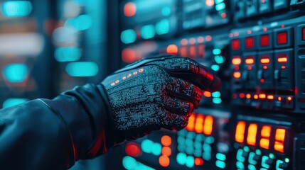 Futuristic Glove Interacting with Digital Control Panel in High-Tech Environment