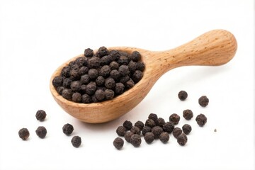 Wooden spoon filled with black peppercorns on a white background, highlighting the contrast between lightcolored wood and dark pepper.