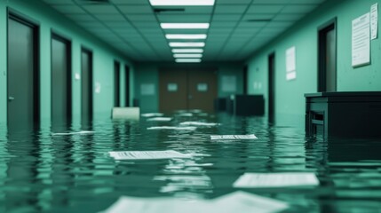 Flooded Hospital Hallway with Water Covering Floors and Displaced Paperwork in Emergency Situation