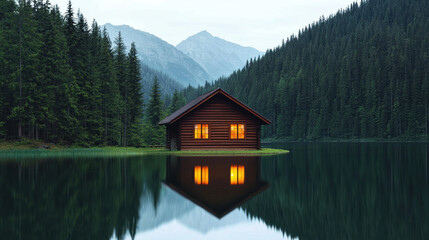 Fototapeta premium Environmental crisis secluded mountain cabin with glowing windows reflects on tranquil lake