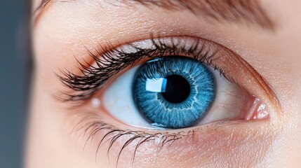 Fototapeta premium Striking Blue Eye with Long Eyelashes Closeup Portrait of Captivating Female Face Showing Detailed Iris Pupil and Eyelid Structure