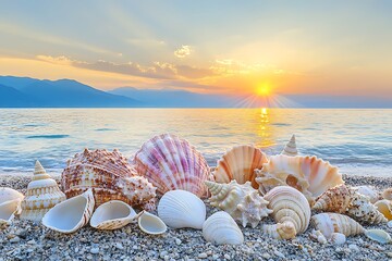 Seashells on beach at sunset