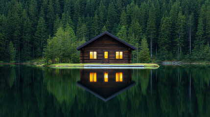 Environmental crisis secluded mountain cabin by reflective lake surrounded by dense forest
