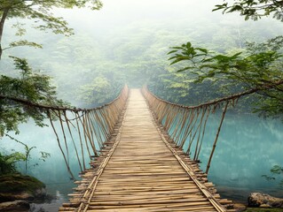 Fototapeta premium Mystical bamboo bridge spanning a tranquil river shrouded in mist, leading into a lush green jungle. Explore serenity and adventure.