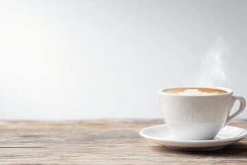 Obraz premium well-lit close-up of elegantly set coffee cup atop rustic wooden table in quaint café with blurred background providing