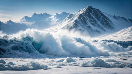 Majestic waves crash against icy shores, surrounded by towering mountains.. An avalanche comes crashing down, Power of nature