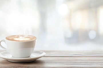 Obraz premium well-lit close-up of elegantly set coffee cup atop rustic wooden table in quaint café with blurred background providing