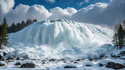 Fototapeta premium Majestic waterfall cascading over icy rocks, surrounded by snow and trees. An avalanche comes crashing down, Power of nature