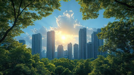 Obraz premium A vibrant urban landscape showcasing modern skyscrapers surrounded by lush green trees under a bright blue sky this scene reflects energy efficiency and innovation in a sustainable city