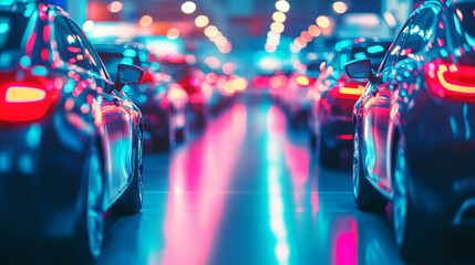 Fototapeta premium A row of cars with taillights illuminated in a showroom with a blurred background of bright lights