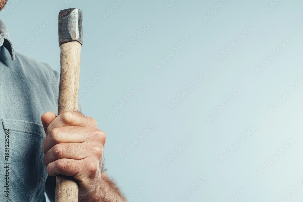 Poster close-up of worker hand holding tool against plain background with ample copy space
