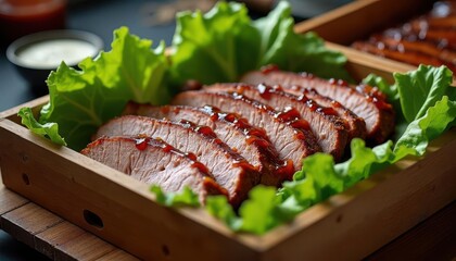 BBQ competition presentation box lined with fresh lettuce showcasing six perfectly portioned brisket slices with textbook smoke rings, moisture content and bark development