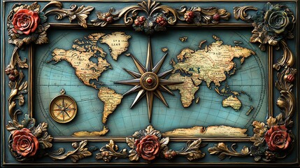 A vintage compass rose is surrounded by a world map and an ornate floral frame
