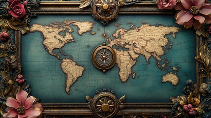 A vintage compass rose is surrounded by a world map and an ornate floral frame