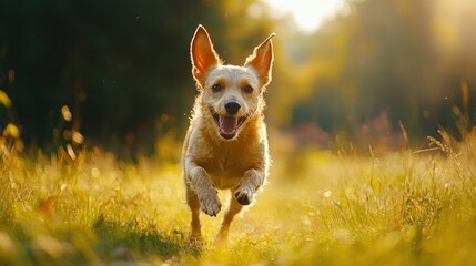 A happy dog running across a green field, full of joy and freedom.