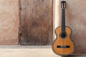 Obraz premium portrait of traditional mexican guitar with intricate carvings and colorful inlays leaning against aged wall with rustic