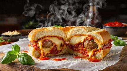 Italian meatball submarine sandwich cross-section showing melted provolone cheese, meatballs and tomato sauce soaking into artisanal bread, served on butcher paper