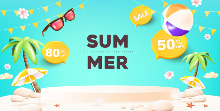 Summer sale banner poster with podium display and summer beach scene design background
