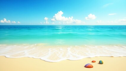 Naklejka premium Idyllic tropical beach scene with gentle turquoise waves, soft sand, and clear skies