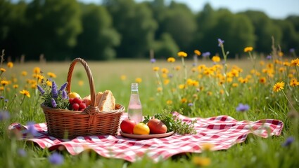 An Inviting Picnic Spread with Fresh Produce in a Sunny Meadow