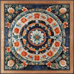 Obraz premium A vibrant, intricate floral mandala design featuring colorful flowers and detailed patterns on a rich background.
