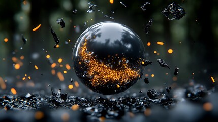 Ember-Infused Orb: A 3D Render of a Dark Sphere in a Mystical Forest AI Generated