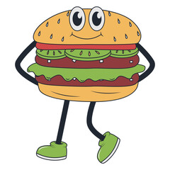 Burger Retro Mascot Character. Vector Illustration in Groovy Design Style.