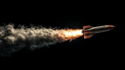 Fototapeta premium Rocket Launching into Space with Smoke Trail, A rocket launching into space with a trail of smoke against a dark sky