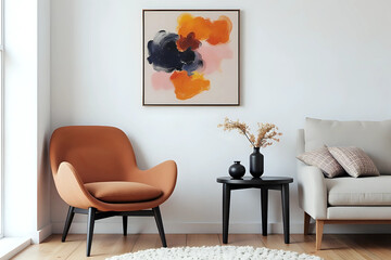 A cozy corner of a living room showcases a stylish brown chair, modern abstract art on the wall, a sleek black side table, and a decorative vase with dried flowers.