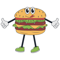 Burger Retro Mascot Character. Vector Illustration in Groovy Design Style.