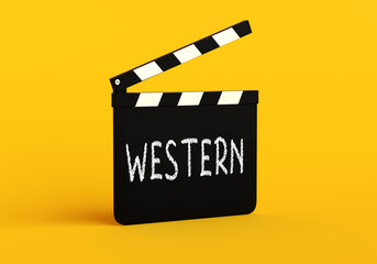 Fototapeta premium Clapperboard with western genre written on it over yellow background