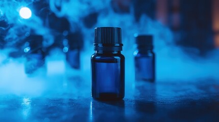 A close-up of blue glass bottles surrounded by mist, creating a mysterious and atmospheric aesthetic.