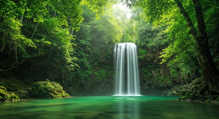 Serene Waterfall Cascading in Lush Tropical Rainforest Tranquil Nature Scene