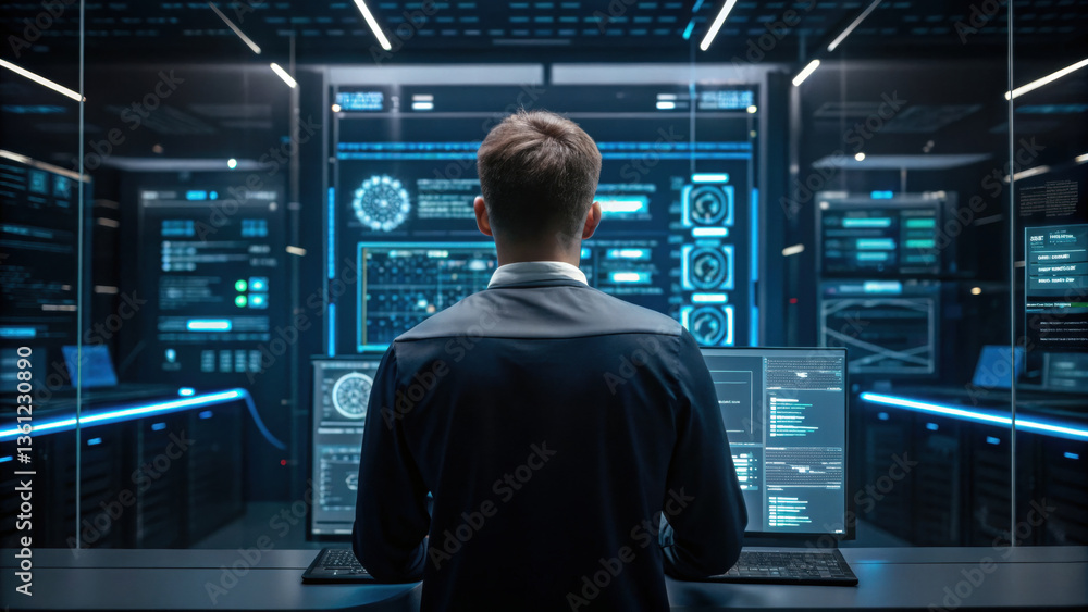 Poster focused individual modern control room analyzing data multiple screens. stem ( science, technology, 