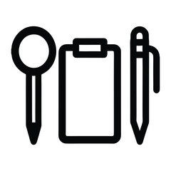 Black Silhouette Office Essentials – Magnifying Glass, Clipboard, and Pen Icon for Work