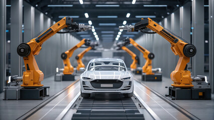 modern automotive assembly line with robotic arms working on cars. STEM ( Science, Technology, Engineering, Mathematics )