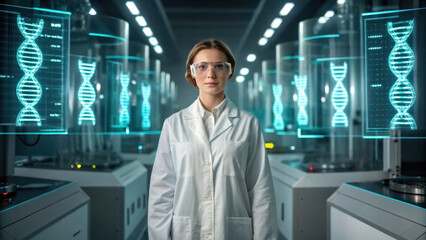 confident scientist lab coat stands modern laboratory surrounded by. STEM ( Science, Technology, Engineering, Mathematics )